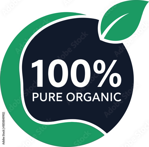 100% pure organic badge label vector icon with green leaf isolated on transparent background, Vector, illustration