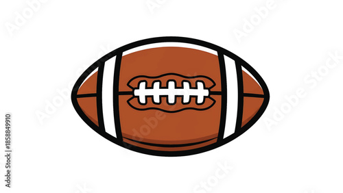Cartoon style illustration of an American football, brown with white laces and stripes, on a white background