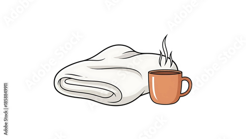 Cartoon style illustration of a neatly folded light-colored blanket next to a steaming brown mug, symbolizing comfort
