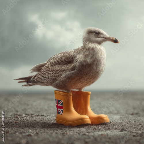 Surreales Studiofoto einer Möwe, die aufrecht in auffälligen gelben Gummistiefeln steht. Der neutrale Hintergrund und die klare Lichtführung lenken den Fokus auf das ungewöhnliche Detail Flagge