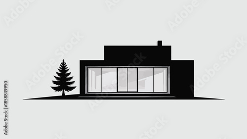 Sleek modern house silhouette with large windows beside an evergreen tree.