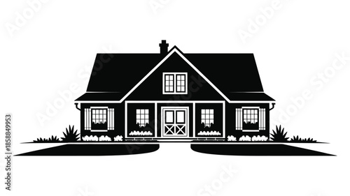 Charming traditional farmhouse illustration with porch and symmetrical windows.