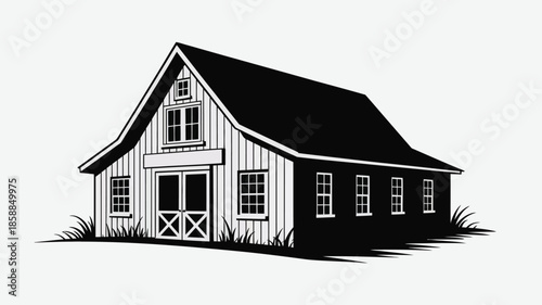 Isometric illustration of a charming barn-style house with vertical siding.