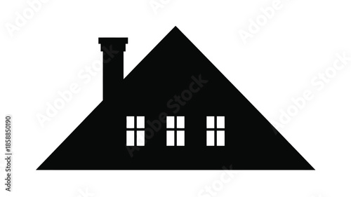 Black silhouette of a house roof with chimney and three windows.