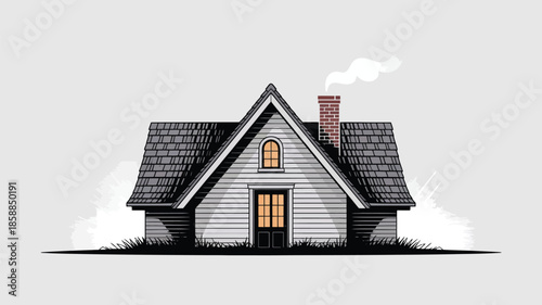 Charming detailed cottage illustration with smoke rising from its chimney.