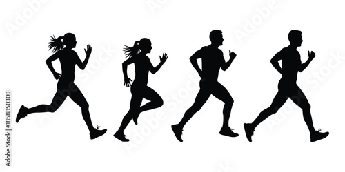 Four black silhouettes of men and women are running gracefully against a white background, representing athleticism and exercise