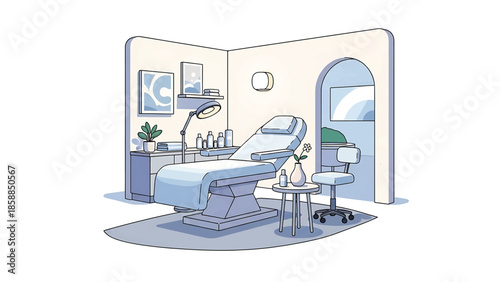 Clean, modern treatment room with a massage bed, adjustable lamp, spa products, plants, and minimalist decor