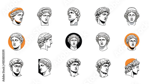 Collection of stylized Greek and Roman bust illustrations, some with orange or black color accents