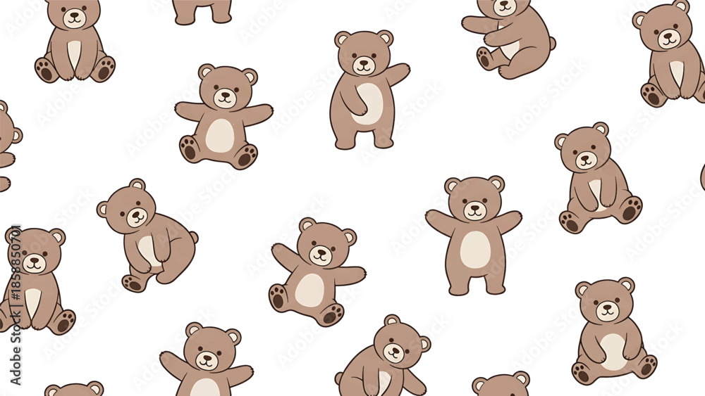 Fototapeta premium Cute brown cartoon teddy bears in various poses forming a seamless pattern on a clean white background