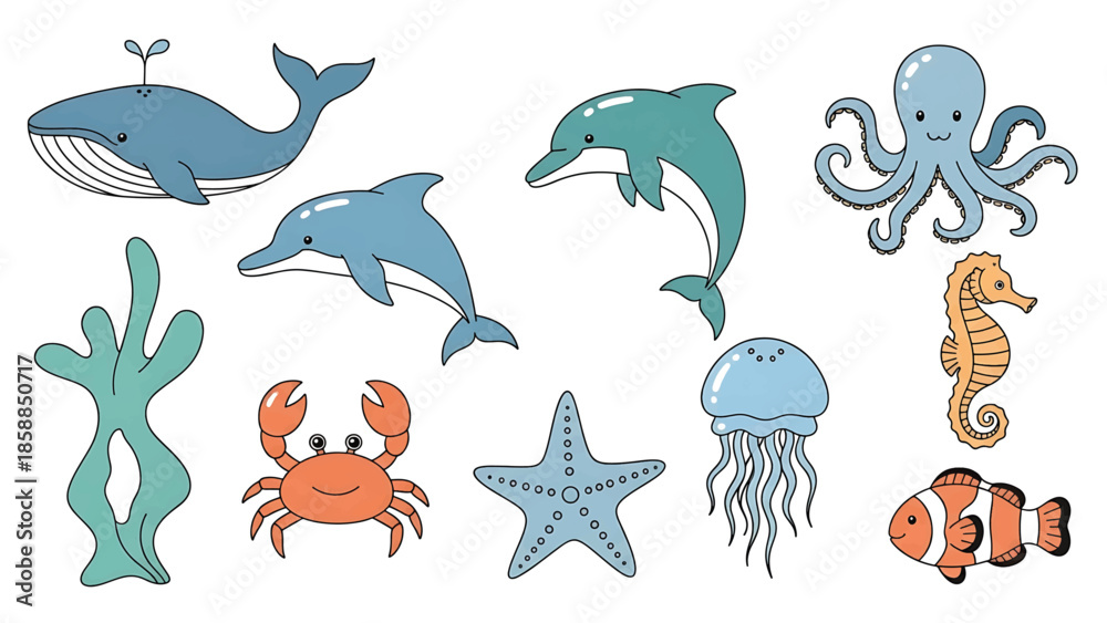 Obraz premium Cute cartoon marine animals and plants whale, dolphin, octopus, crab, seahorse, fish, jellyfish, starfish, coral