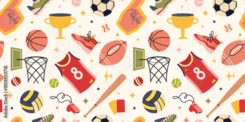 Seamless pattern with team sports gear, balls, uniforms and trophies. Trendy modern vector illustration a light background, hand drawn, flat design