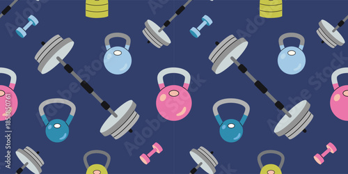 Seamless pattern with fitness equipment like kettlebells, barbells and dumbbells. The concept of strength and weight training. Trendy vector illustration a blue background, hand drawn, flat design