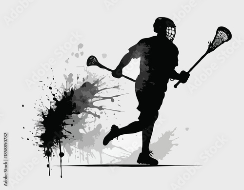 Lacrosse Player Silhouette with Grunge Spray Paint Effect in Monochrome