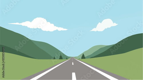 Quadro su tela Open highway through rolling green hills and mountains under a bright blue sky