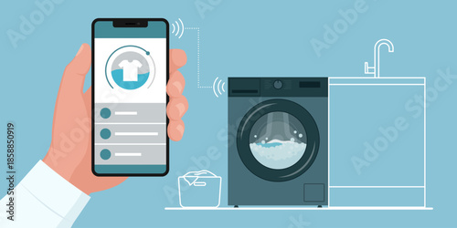 User connecting his smartphone to a smart washing machine at home
