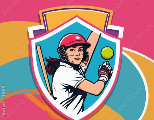 Cricket female player in graffiti tags, street art pattern illustration, emblem shield badge