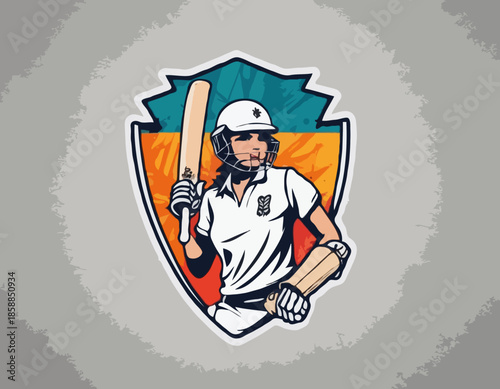 Cricket female player in graffiti tags, street art pattern illustration, emblem shield badge