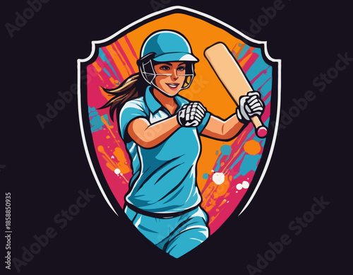 Cricket female player in graffiti tags, street art pattern illustration, emblem shield badge