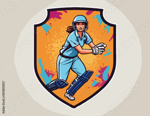 Cricket female player in graffiti tags, street art pattern illustration, emblem shield badge