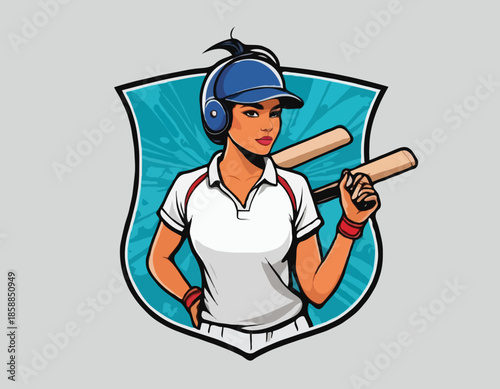 Cricket female player in graffiti tags, street art pattern illustration, emblem shield badge