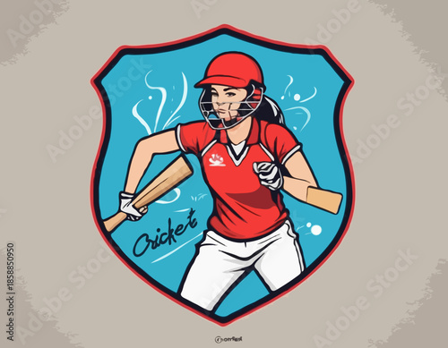 Cricket female player in graffiti tags, street art pattern illustration, emblem shield badge