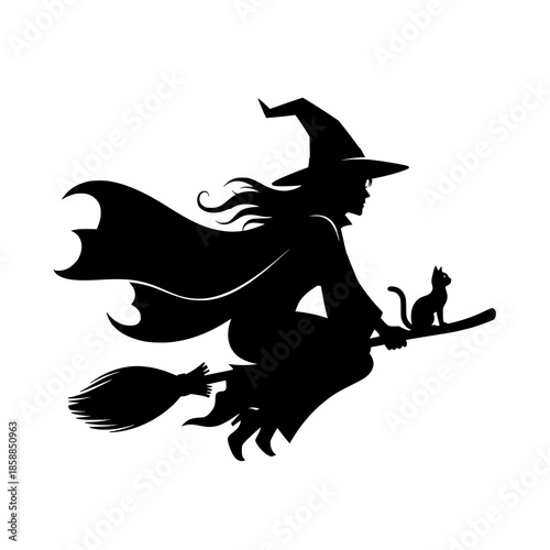 Halloween Witch Flying with Cat Silhouette Vector Illustration