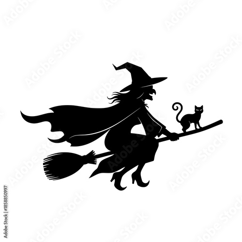 Magical Witch with Cat on Broomstick Silhouette Icon