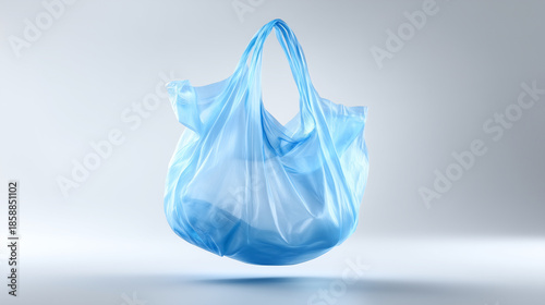 A highly detailed, photorealistic studio shot of a single lightweight blue plastic shopping bag floating slightly in the air, isolated on a pure white background. The bag appears s