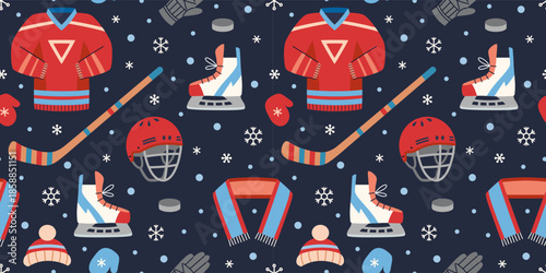 Seamless pattern with ice hockey equipment and uniform elements for winter team sport and competition themes. Trendy vector illustration on a dark blue background, hand drawn, flat design