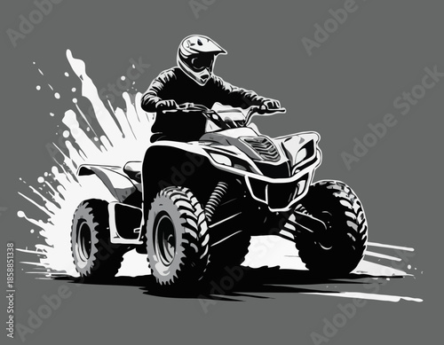 Monochrome depiction of an ATV rider in a grunge stencil style racing