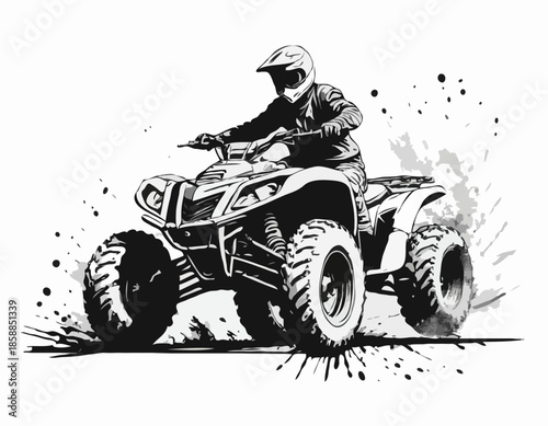 Monochrome depiction of an ATV rider in a grunge stencil style racing
