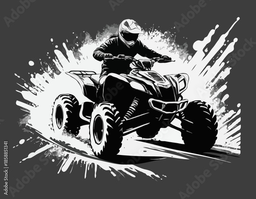 Monochrome depiction of an ATV rider in a grunge stencil style racing