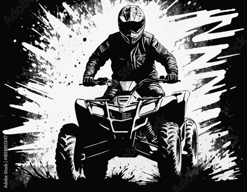 Monochrome depiction of an ATV rider in a grunge stencil style racing