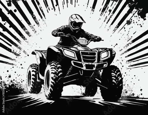 Monochrome depiction of an ATV rider in a grunge stencil style racing