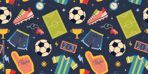 Seamless pattern with soccer equipment and fan accessories. Sport items like ball, jersey, field and uniform. Trendy vector illustration on a dark background, hand drawn, flat design