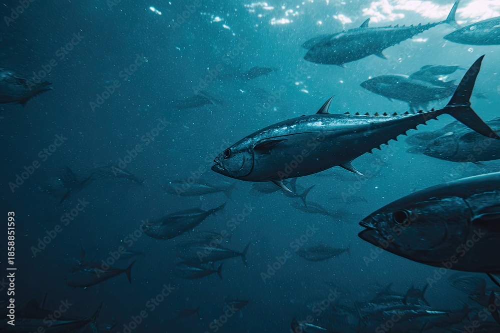 Fototapeta premium School of tuna swimming underwater in deep blue ocean sunlight