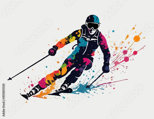Dynamic Skier Silhouette in Ink Splatter Design