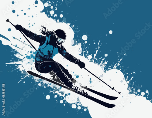 Dynamic Skier Silhouette in Ink Splatter Design