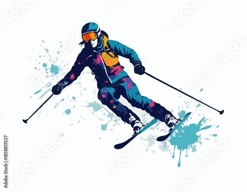 Dynamic Skier Silhouette in Ink Splatter Design