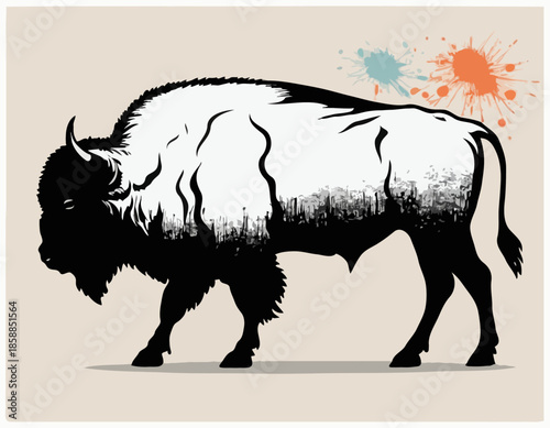 silhouette of Bison, filled with graffiti street wall in rough drawing,