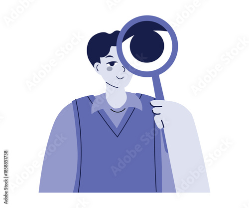 analyze information, search for ideas, development, understanding new things, a person searches with a magnifying glass in blue color
