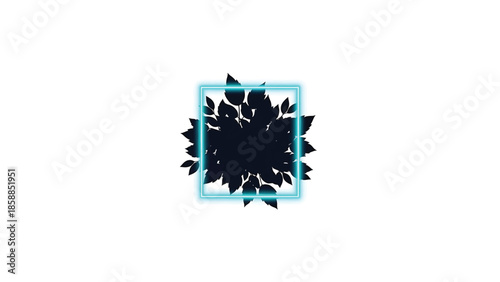 Dark foliage silhouette within a glowing blue neon square on a clean white background