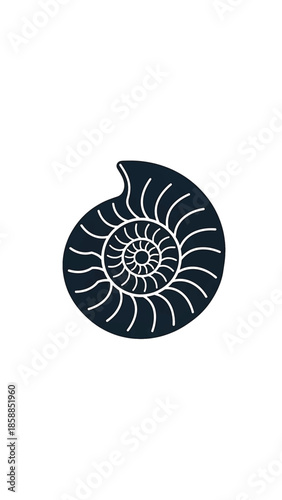 Dark grey flat design icon of a nautilus shell, showcasing its intricate internal spiral chambers