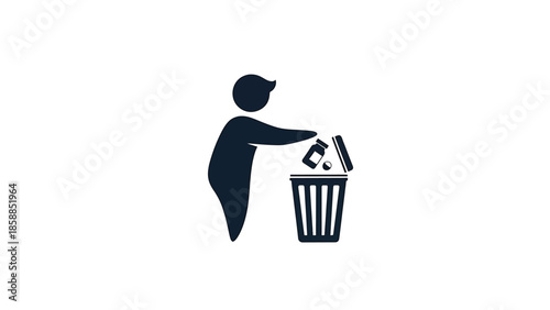 Dark silhouette of a person discarding a medicine bottle and a pill into an open trash bin on white
