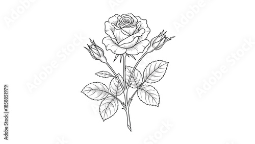 Detailed black and white line art drawing of a single rose flower with multiple buds and leaves