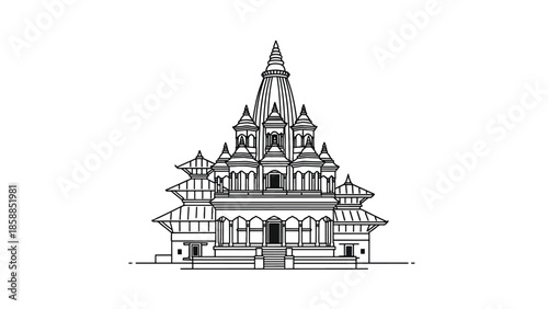Detailed black outline drawing of an elaborate, multi-tiered spiritual building with pagodas and spires