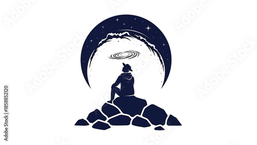Figure on rocky terrain contemplating a celestial half-circle with stars and a central galaxy