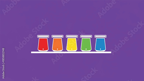 Five vibrant, colorful paint jars arranged on a simple white shelf against a solid purple background