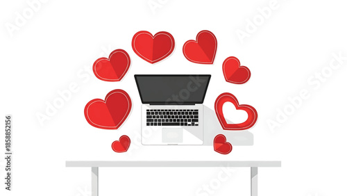 Flat lay of a laptop on a white table, surrounded by numerous red heart icons, suggesting online love or dating