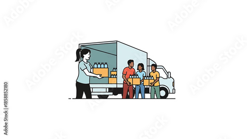 Four diverse people unloading boxes of bottled water from a delivery truck, aiding in relief efforts